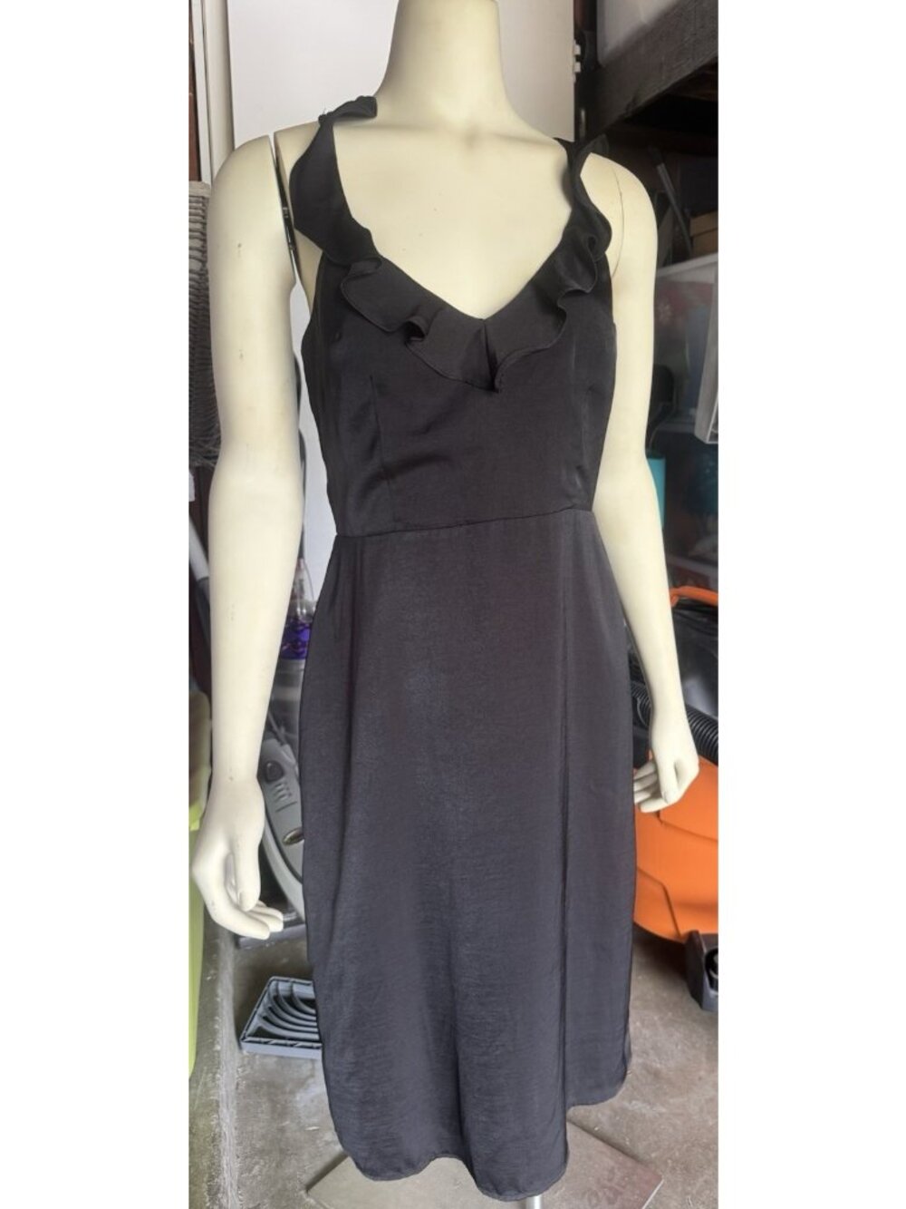 Modcloth Black Satin Ruffle Flutter Strap Midi Dress V Neck Lined Zip Slit LBD 4